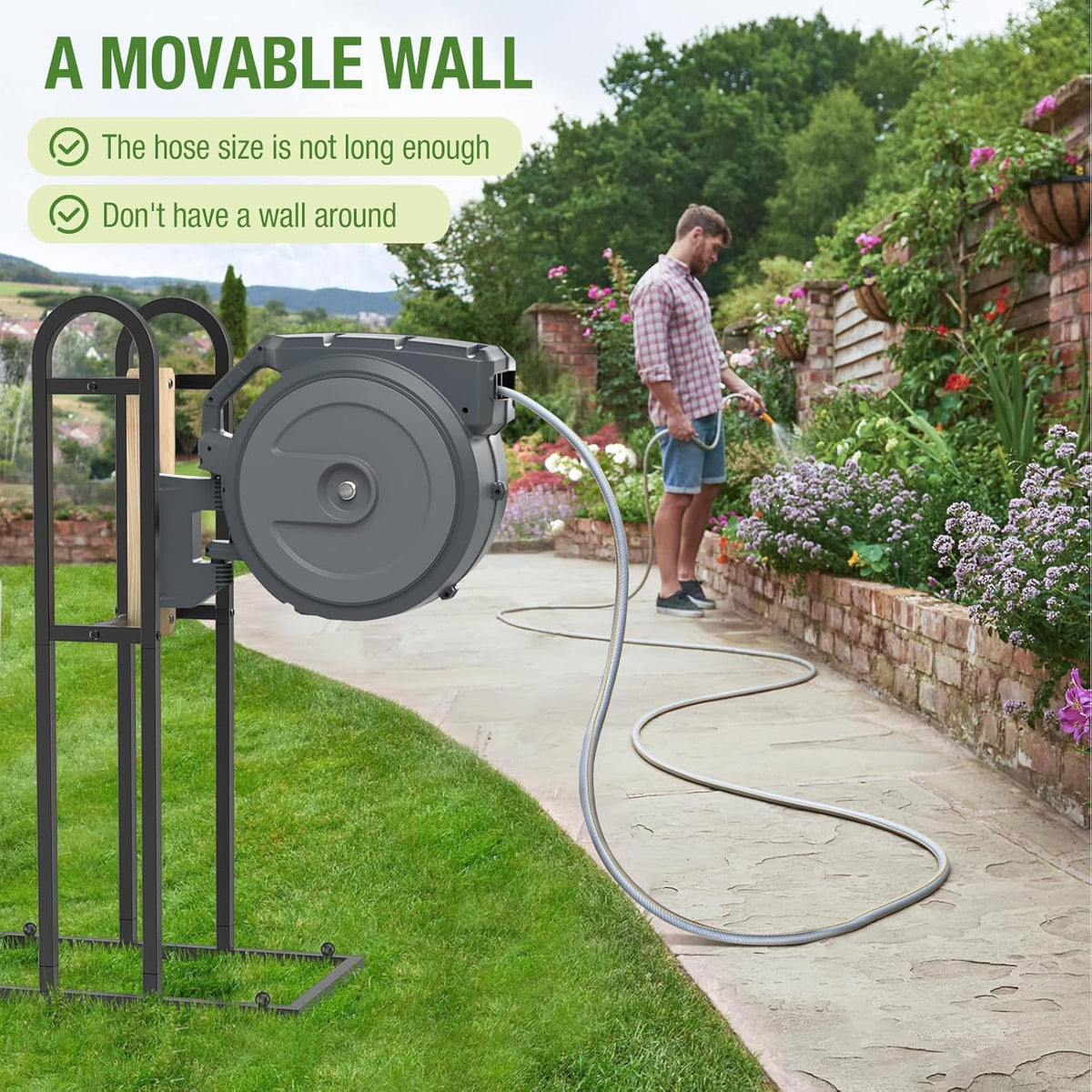 Retractable Hose Reel Stand, No Wall Damaged Freestanding Hose Holder Post | Fit for Most Garden Hose Reel with