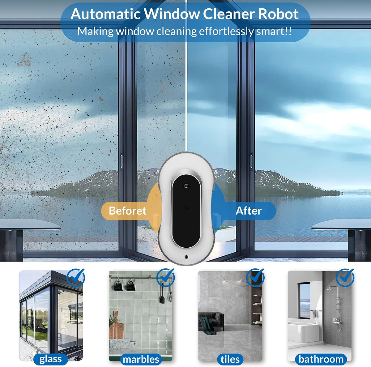 Automatic Window Cleaner Robot With Dual Water Spray,Smart Window Cleaning Washer Machine With 3000pa Suction&AI Path