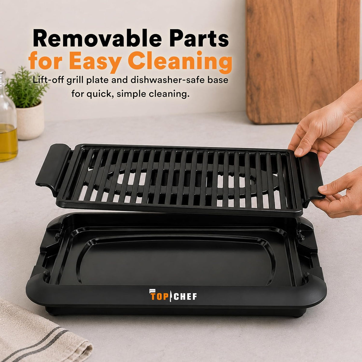 Top Chef Smokeless Indoor Grill with 15x10-Inch Nonstick Grilling Surface, Adjustable Temperature Control, 1200W Fast