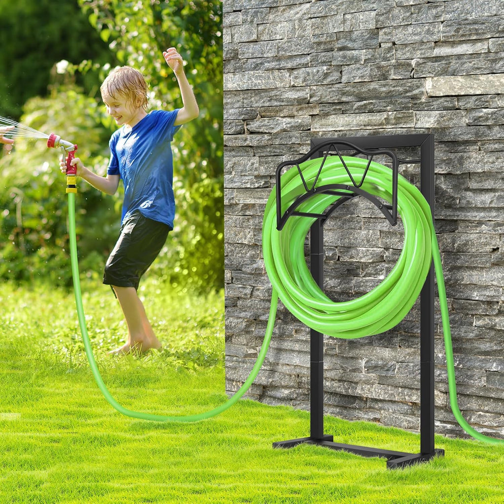 Freestanding Outdoor Garden Hose Holder, Heavy Duty Metal Storage Stand with 4 Spikes, Space Saving Organizer for
