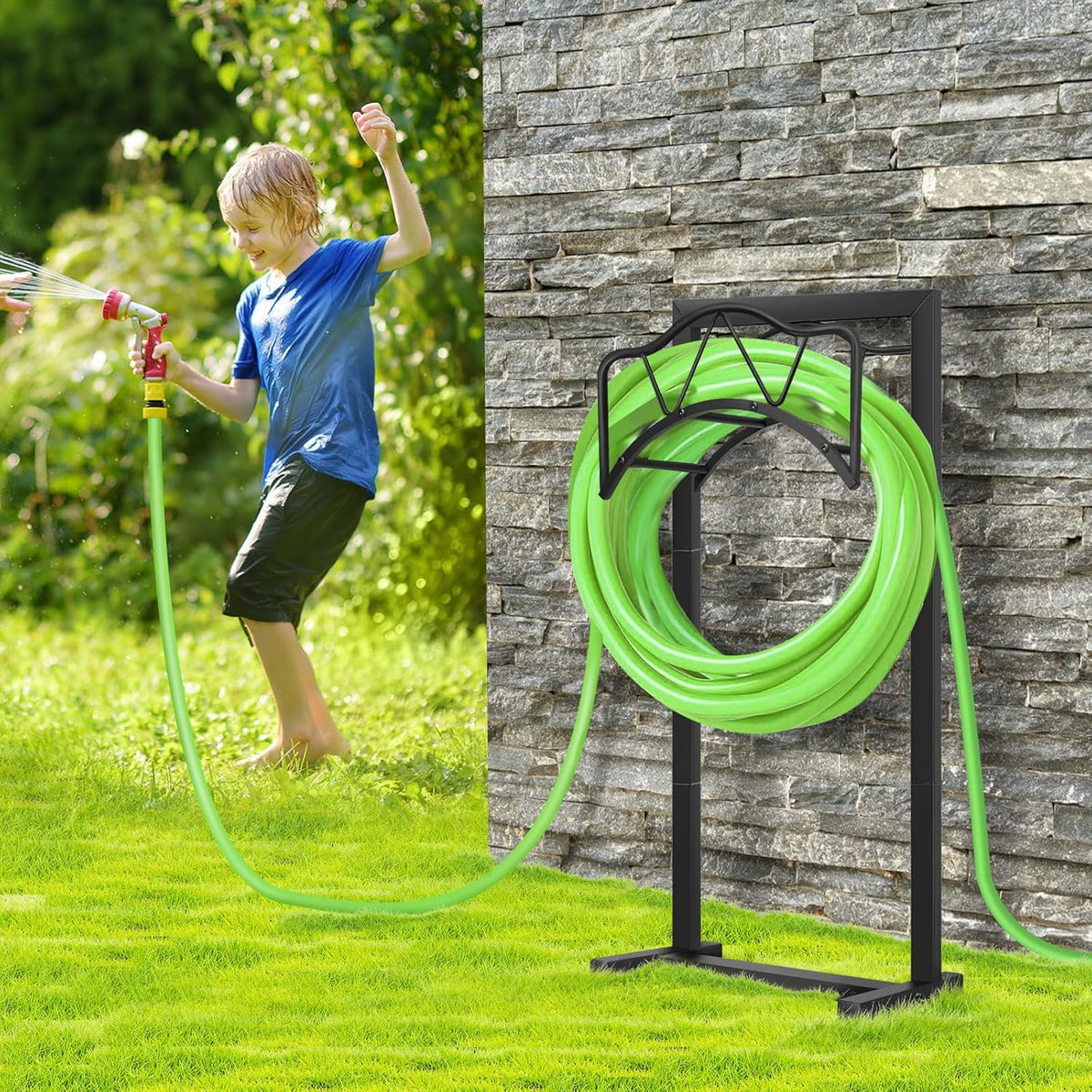 Freestanding Outdoor Garden Hose Holder, Heavy Duty Metal Storage Stand with 4 Spikes, Space Saving Organizer for