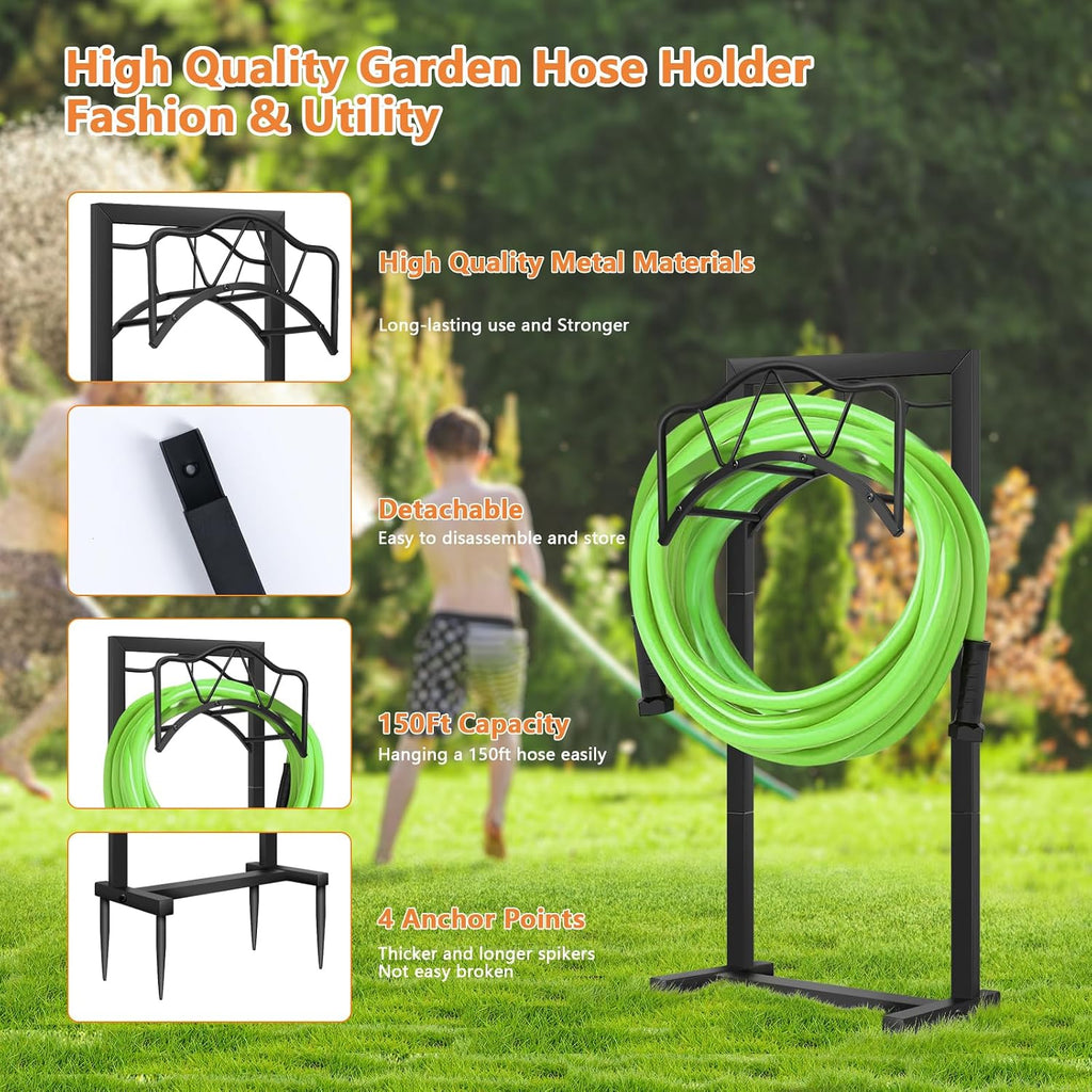 Freestanding Outdoor Garden Hose Holder, Heavy Duty Metal Storage Stand with 4 Spikes, Space Saving Organizer for
