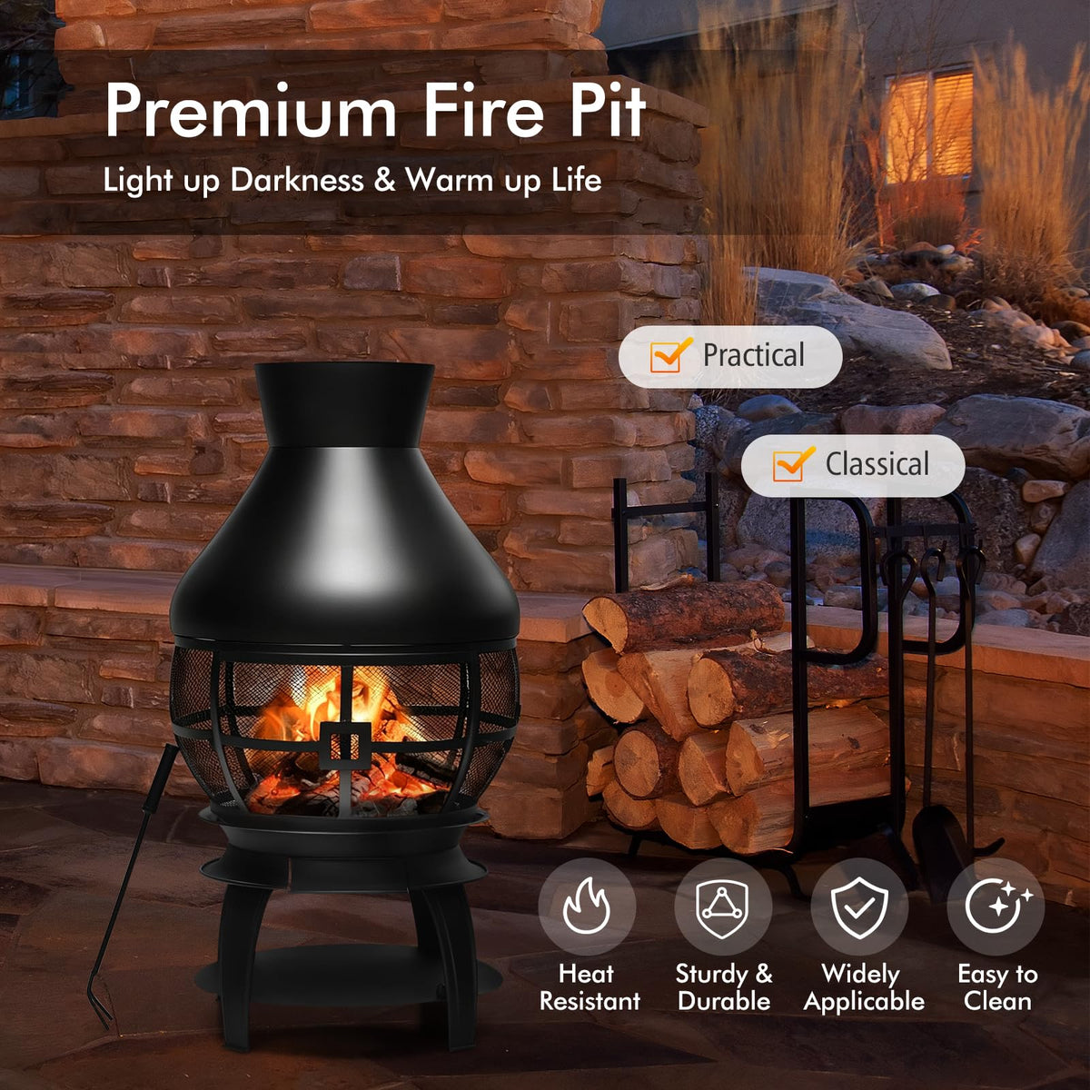 Wood Burning Chiminea, Heavy Duty Fireplace Chiminea for Patio