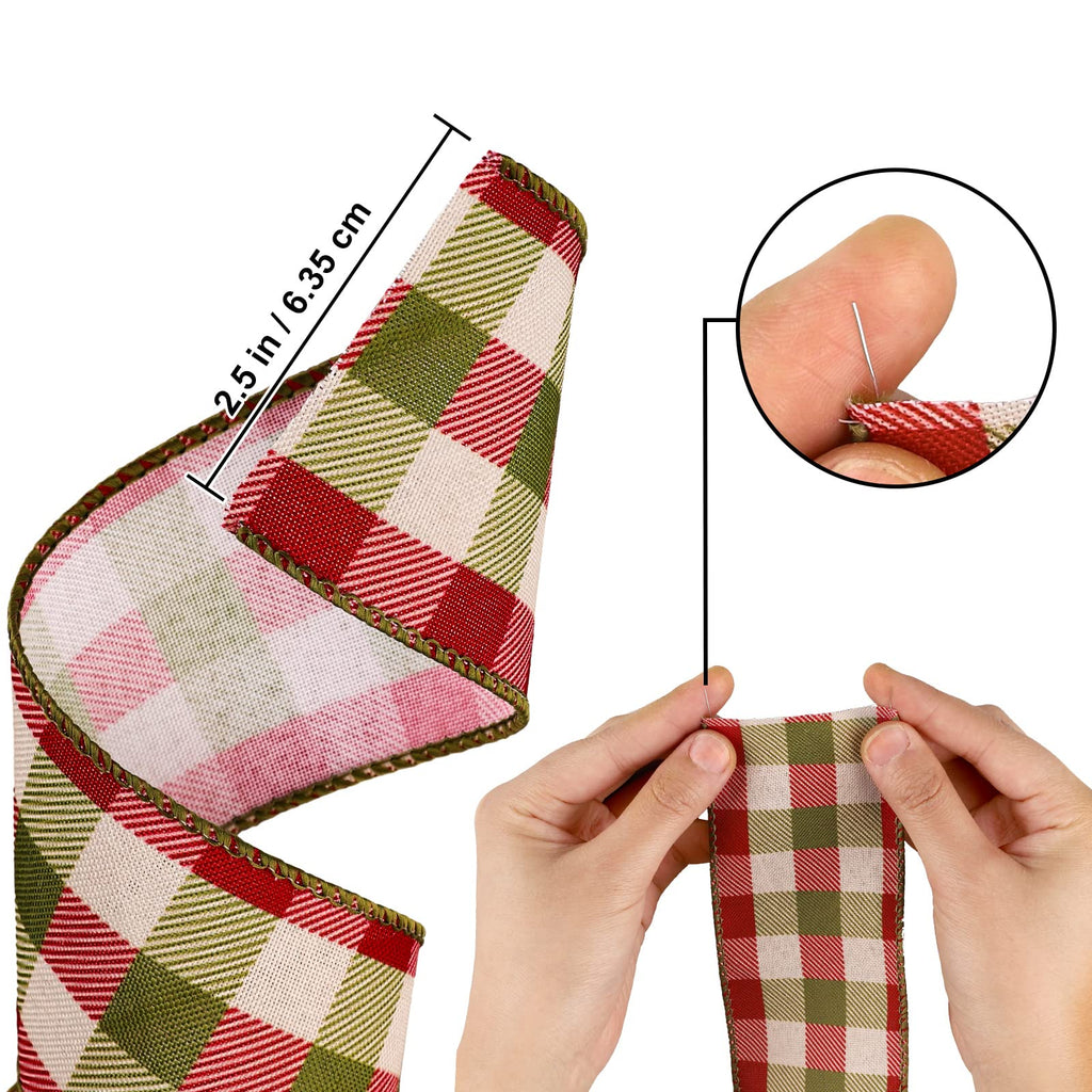 2 Rolls Wired Edge Plaids Ribbon - Christmas Buffalo Check Red Green