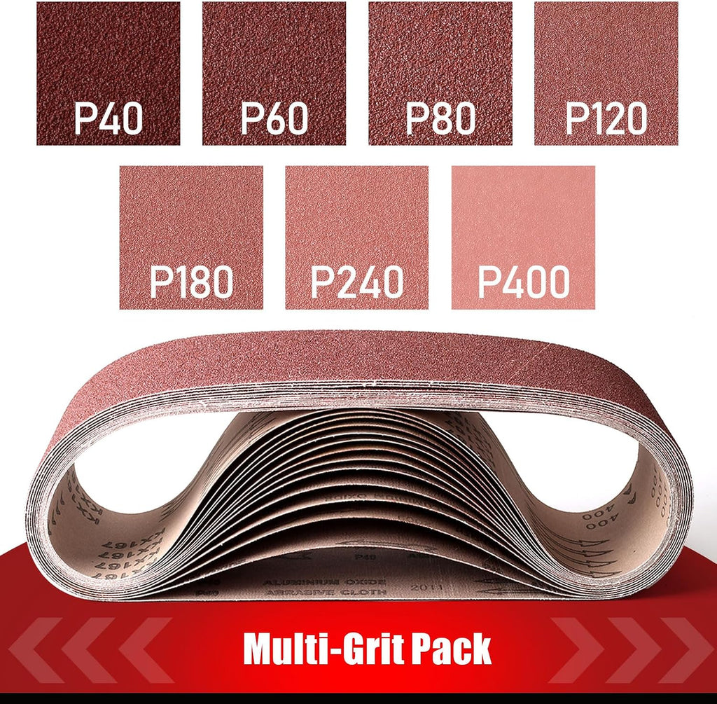 BOSHCRAFT 3x21 Sanding Belts, 21 Pack Belt Sander Paper 40/60/80/120/180/240/400 Grit Assortment Aluminum Oxide Sanding Belts for Wood Metal Polishing Knife Sharpening