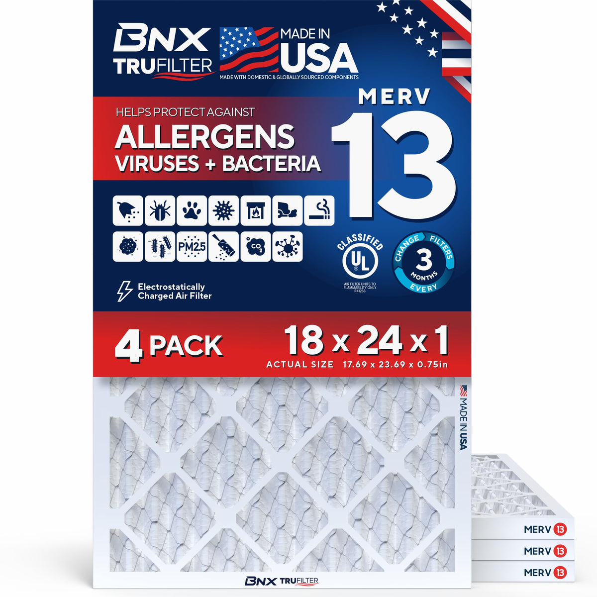 TruFilter 18x24x1 Air Filter MERV 13 AC Filter, HVAC Furnace Filter, 4 Pack (ACTUAL SIZE 17.69"x24.69"x0.75")