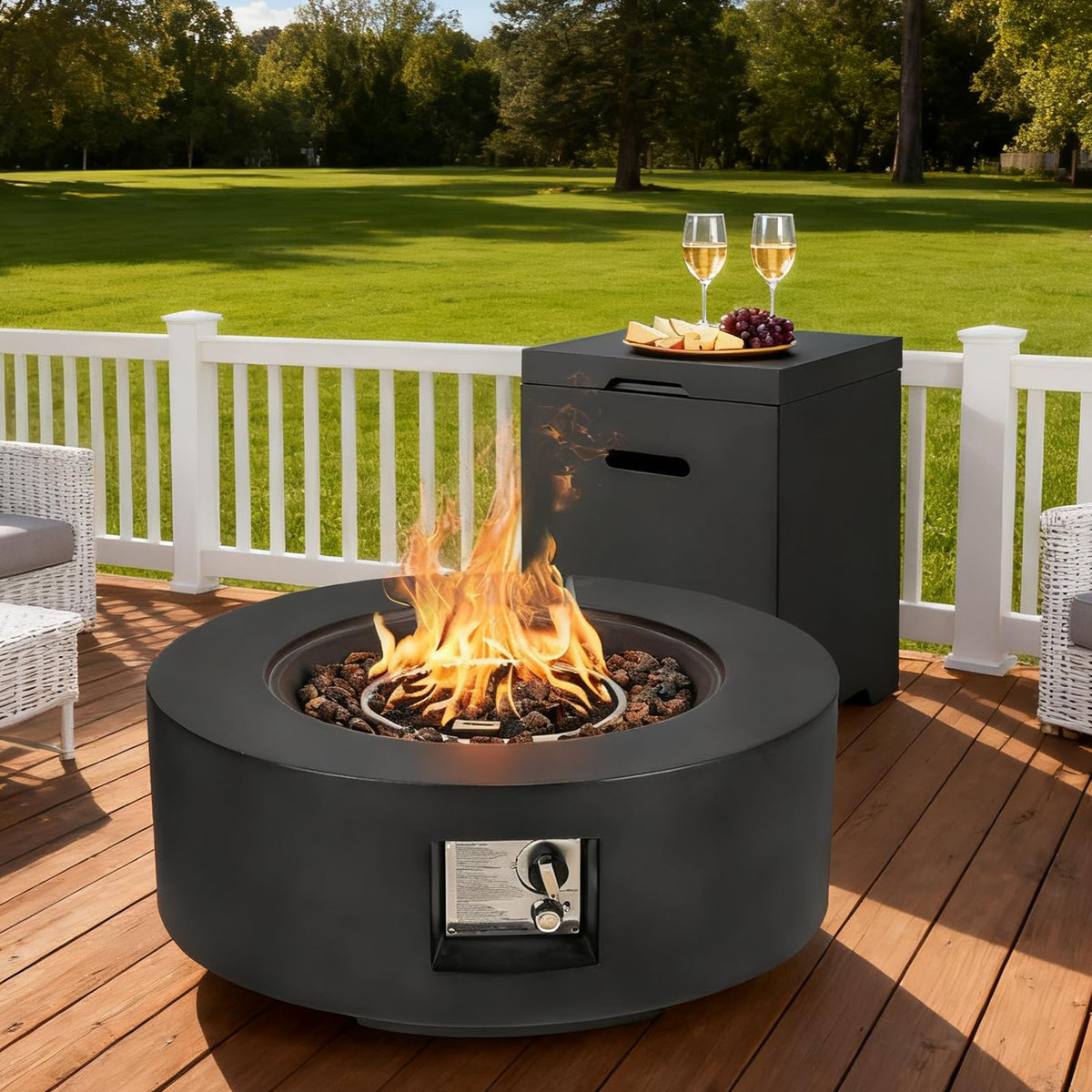 30" Outdoor Propane Fire Pit Table Round Gas Firepit Table with Tank Holder