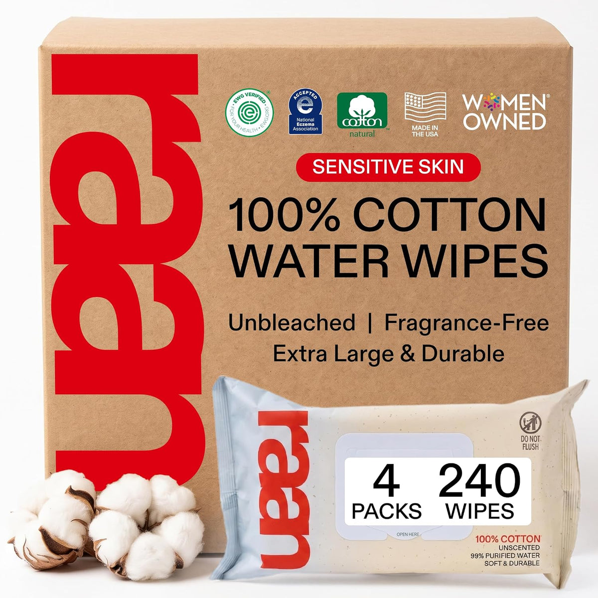 100% Cotton Baby Wipes, Unbleached, 99% Purified Water, Unscented, EWG verified