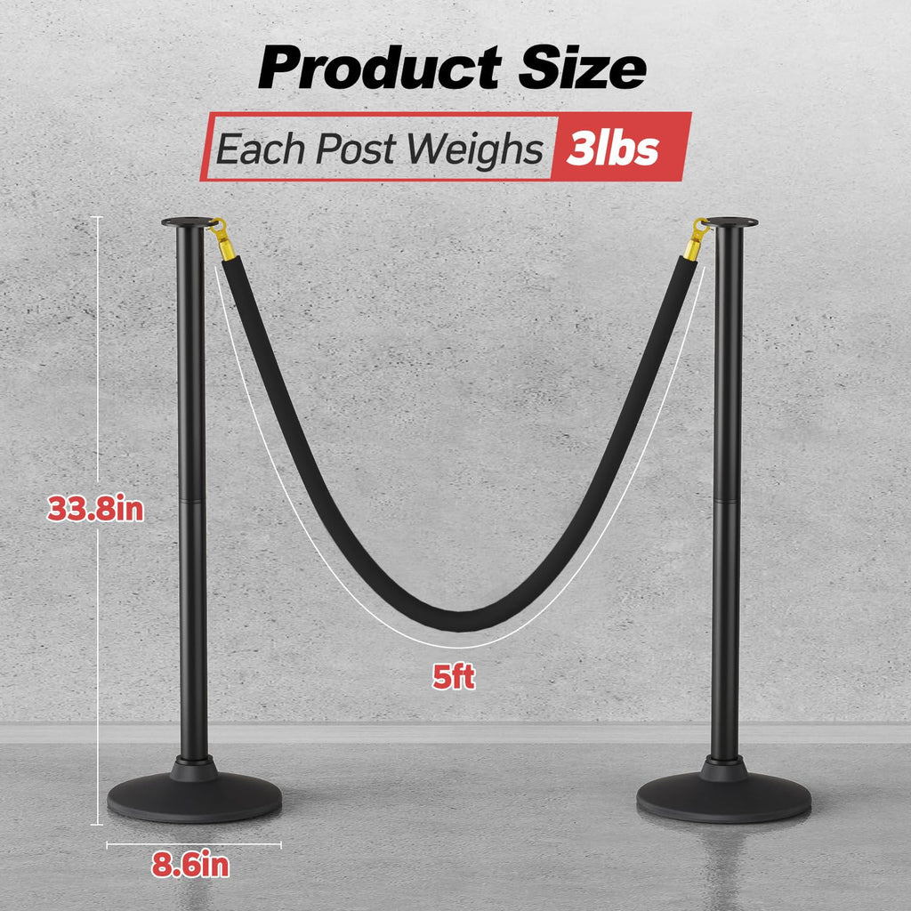4 Pack Plastic Stanchion Posts, 3 Black Velvet Ropes, Crowd Control