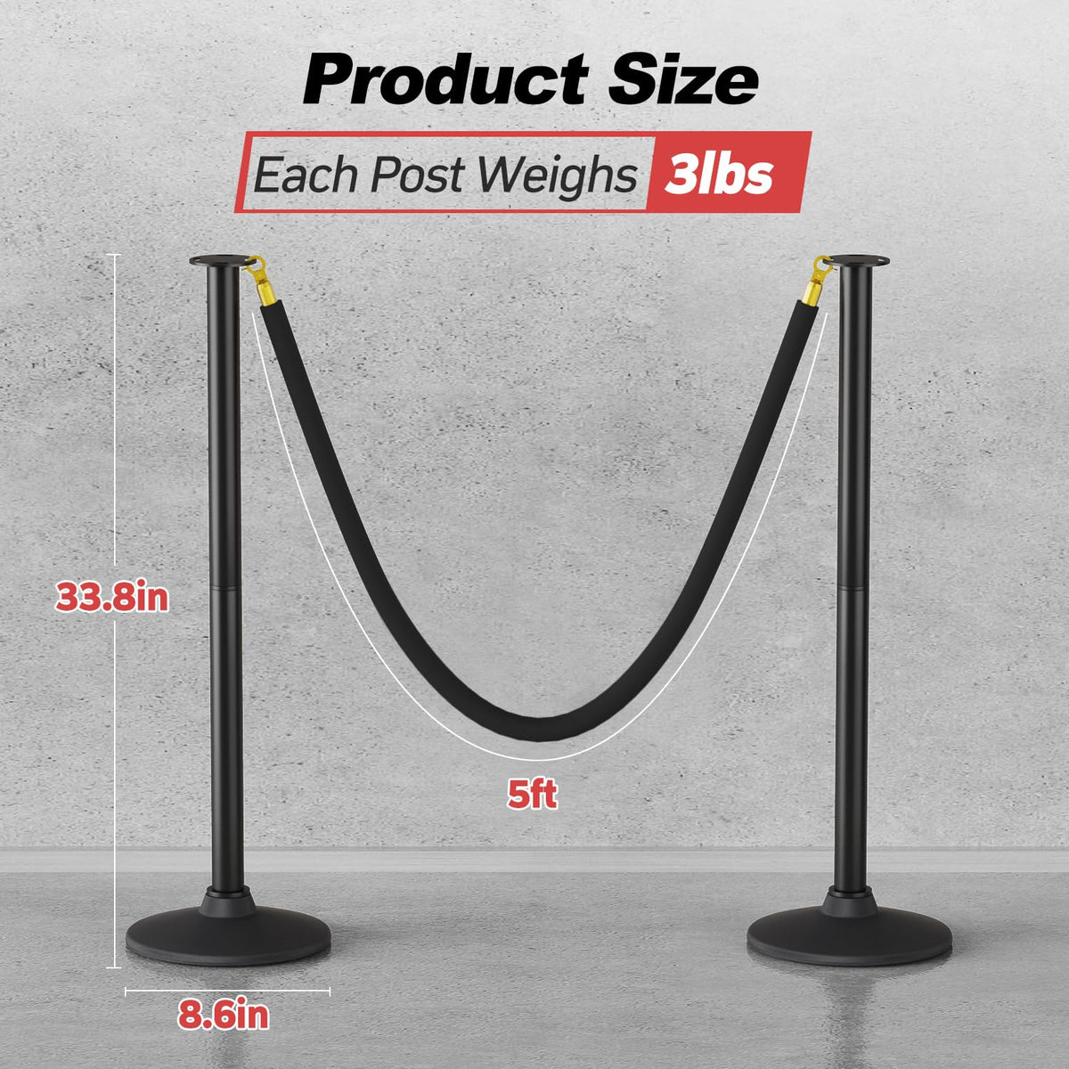 4 Pack Plastic Stanchion Posts, 3 Black Velvet Ropes, Crowd Control