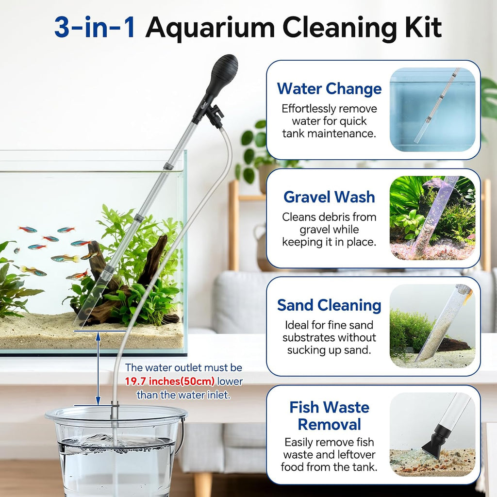 Aquarium Gravel Vacuum Siphon, Adjustable Flow Manual Fish Tank Water Changer for Sand Cleaner with 6.5 Ft Hose