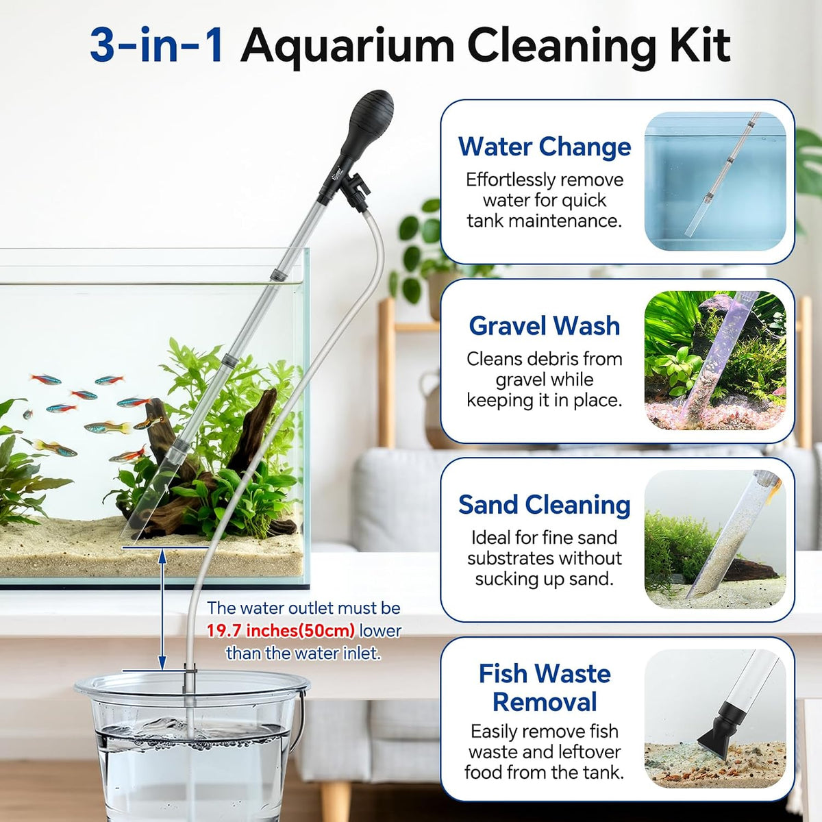 Aquarium Gravel Vacuum Siphon, Adjustable Flow Manual Fish Tank Water Changer for Sand Cleaner with 6.5 Ft Hose