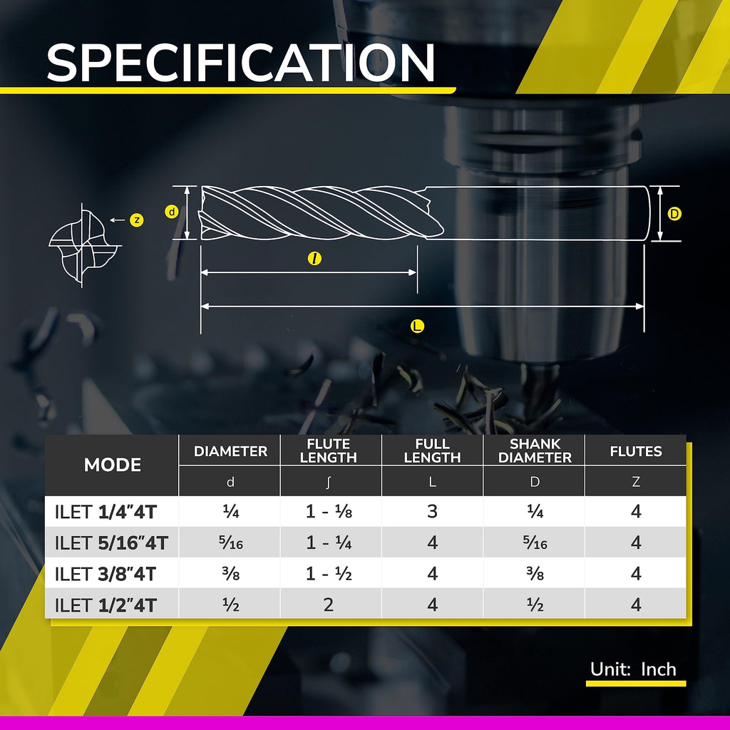 SPEED TIGER Micrograin Carbide Square Long Flute End Mill - 3/8" Diameter 1-1/2" Flute Length, 4" OVL, 4 Flutes - ILET (1 Piece, 3/8") - for Alloy Steels, Hardened Steel & Metal– Mill Bits Sets