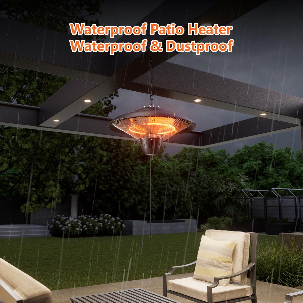 1500W Electric Patio Heater, Hanging Infrared Outdoor Heater with Carbon Fiber Heating, Waterproof Ceiling Mounted