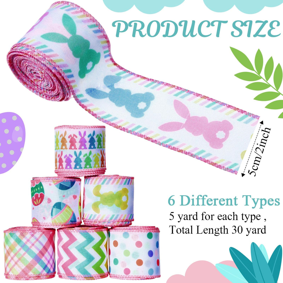 6 Rolls 30 Yards Pastel Easter Wired Ribbons Edge, 2 Inch
