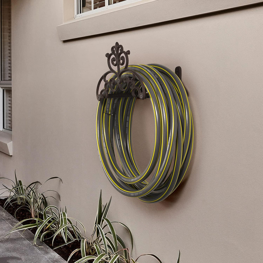 Brown Heavy Duty Cast Iron Outdoor Garden Water Hose Hanger | Wall Mounted Hose Reel with Vintage Scrollwork Design