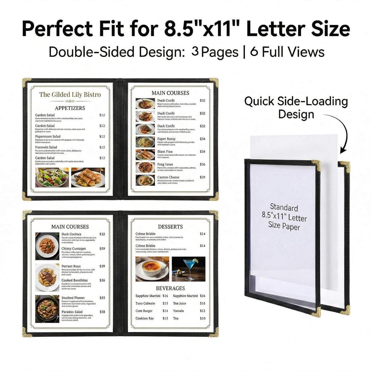 Menu Covers 8.5 x 11 Inch – 3 Pages 6 Views Restaurant Menu Covers, Durable Plastic Menu Booklet for Daily Restaurant