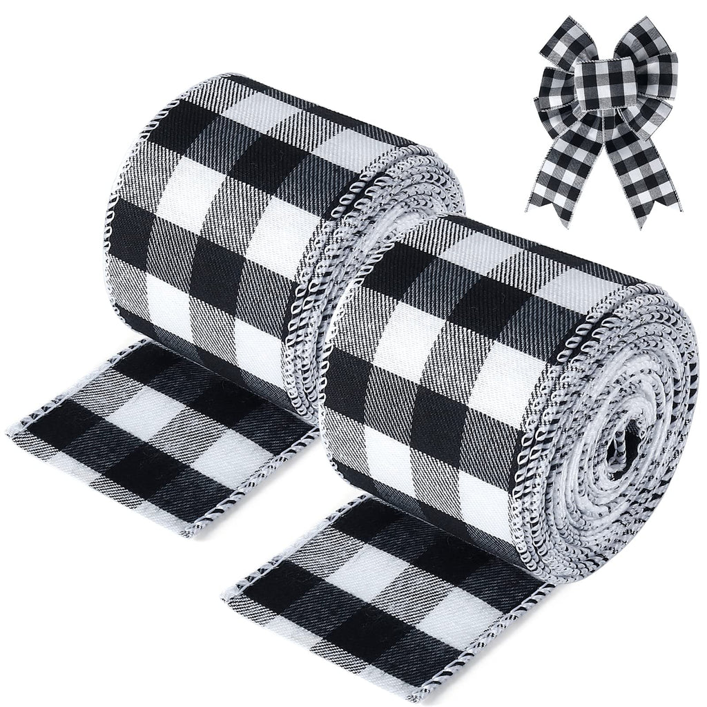 19.6 Yard 2.5 inch Wide Buffalo Plaid Ribbons Wired Edges, 2 Rolls Black and White Checkered Ribbon for Christmas