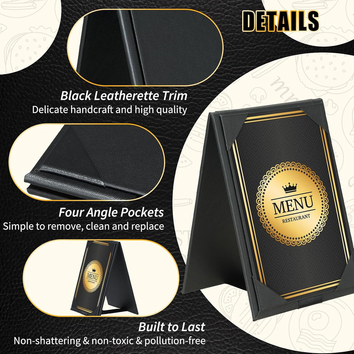 PU Leatherette Table Tents, 6Pcs Double-Sided Menu Holders 5 x 7"