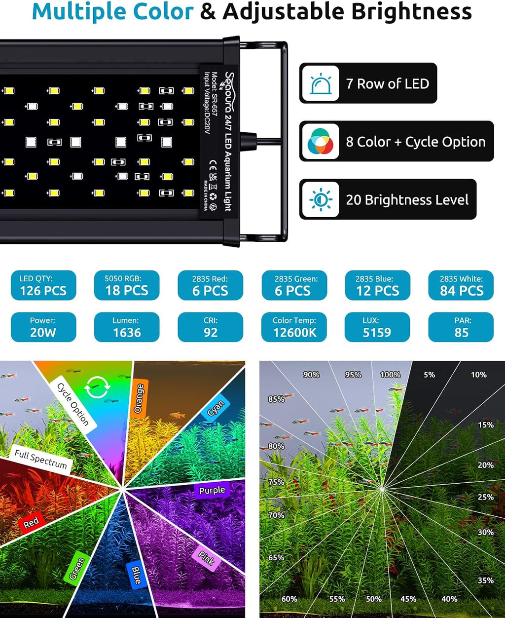 LED Aquarium Light with 24/7 Timer for 18-24in Fish Tank
