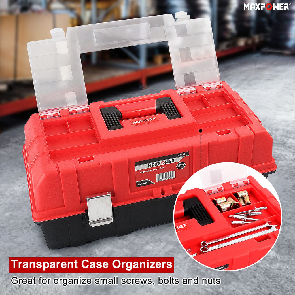 16-Inch Tool Box, Three-Layer Folding Plastic Storage Toolbox, Multi-Function Organizer with Tray and Dividers, Tools