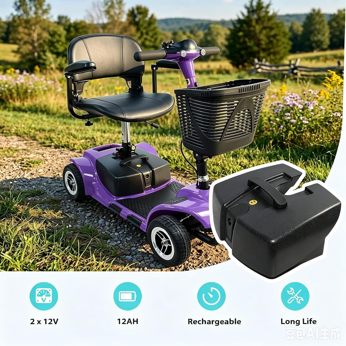 Factory Original Battery Case w/ 2pcs 12AH Lead Acid Batteries Compatible with Vive/Elifecenter W3431 MS31 Series Mobility Scooters