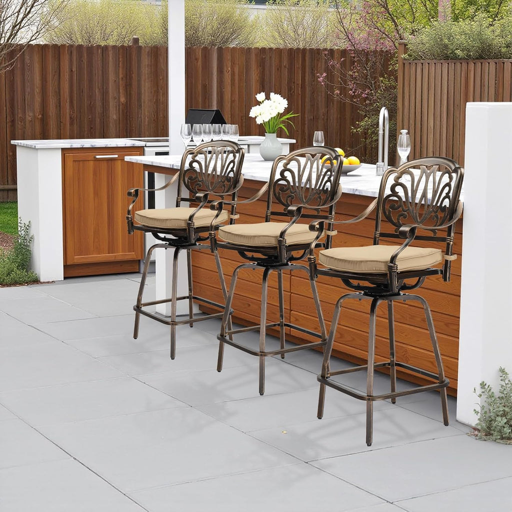 Outdoor Swivel Bar Stools Set of 2, Cast Aluminum Patio Bar Height Chairs, All-Weather Bar Dining Chairs Outdoor