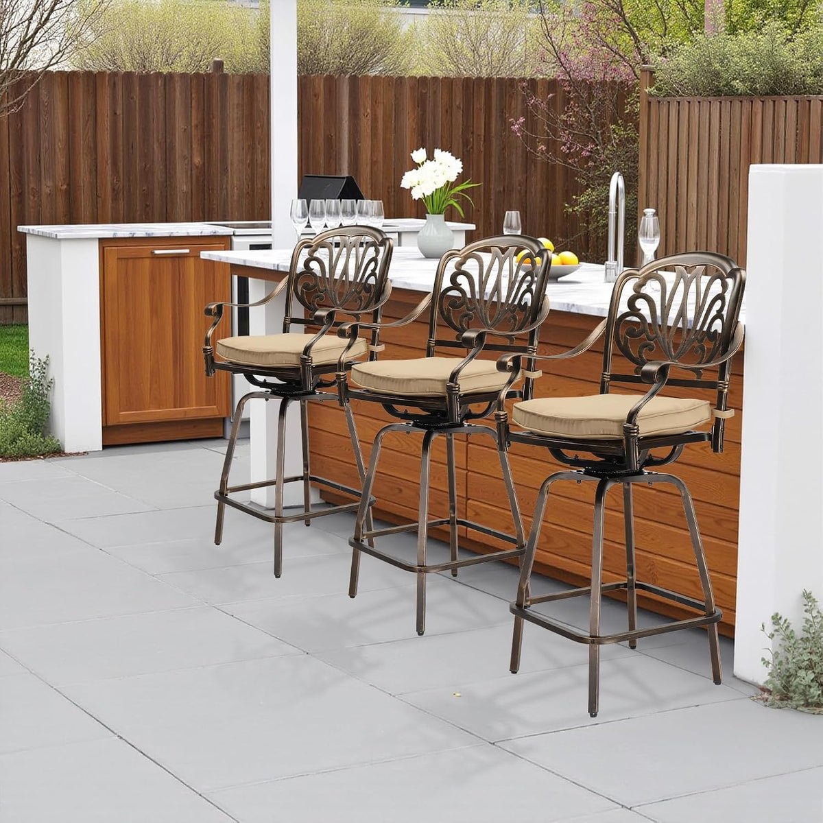Outdoor Swivel Bar Stools Set of 2, Cast Aluminum Patio Bar Height Chairs, All-Weather Bar Dining Chairs Outdoor