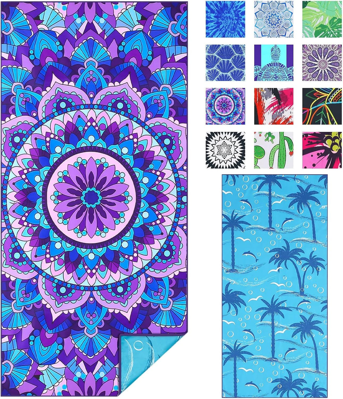 Microfiber Beach Towel Extra Large 71x32 inches Boho Mandala Print | Thin Lightweight, Sand Free Super Absorbent