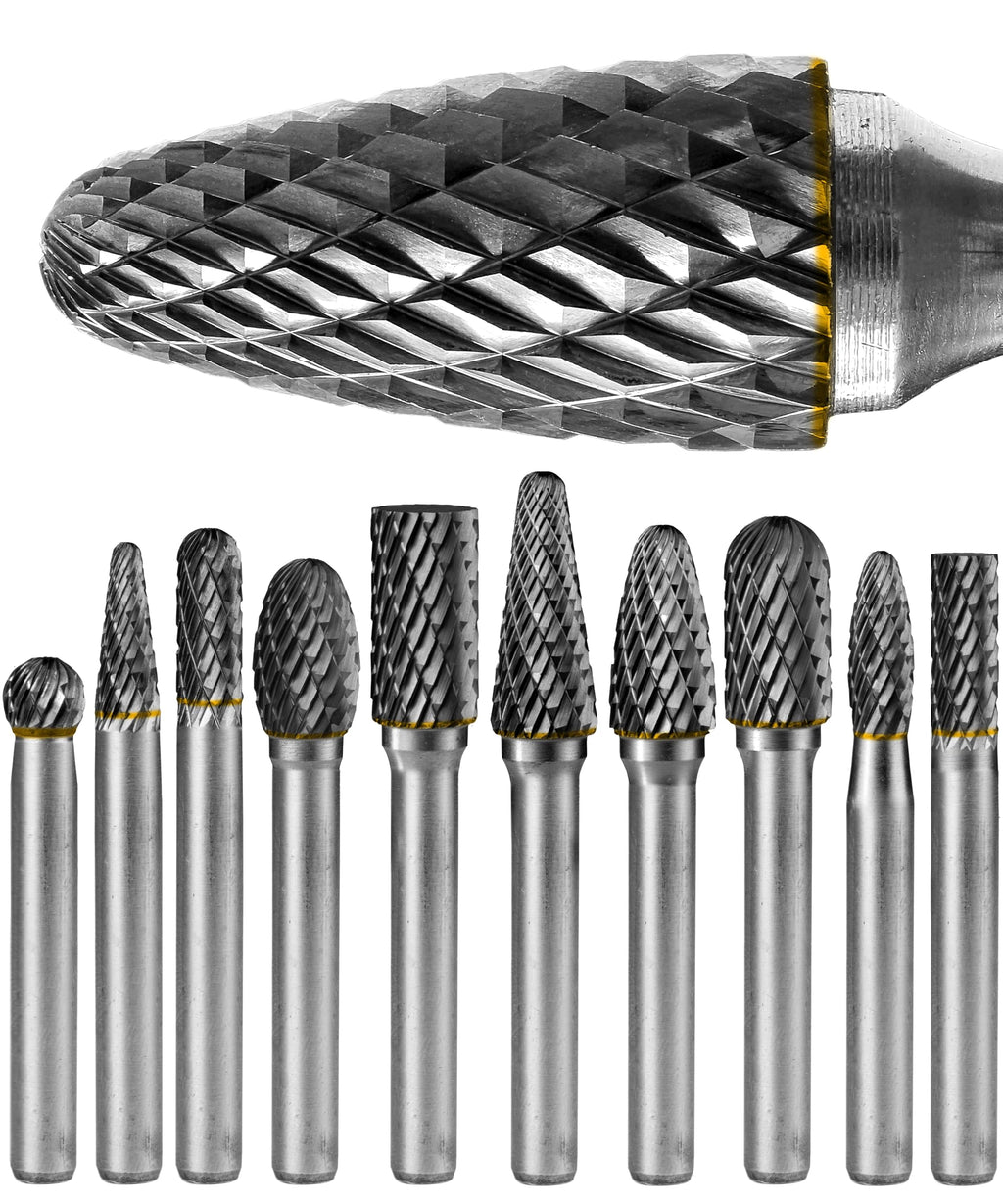 Carbide Burr Set 1/4" Shank 10-Pc 8mm Head with Clear Storage Box