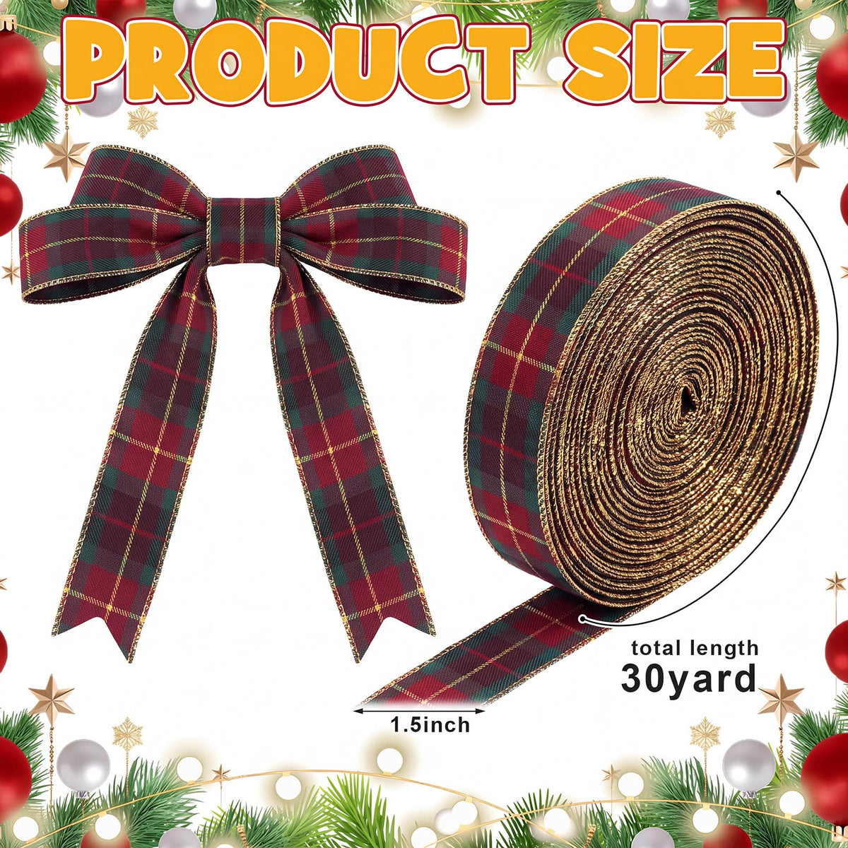 Christmas Tartan Ribbons Plaid 1.5 Inch 30 Yard Wired Ribbons