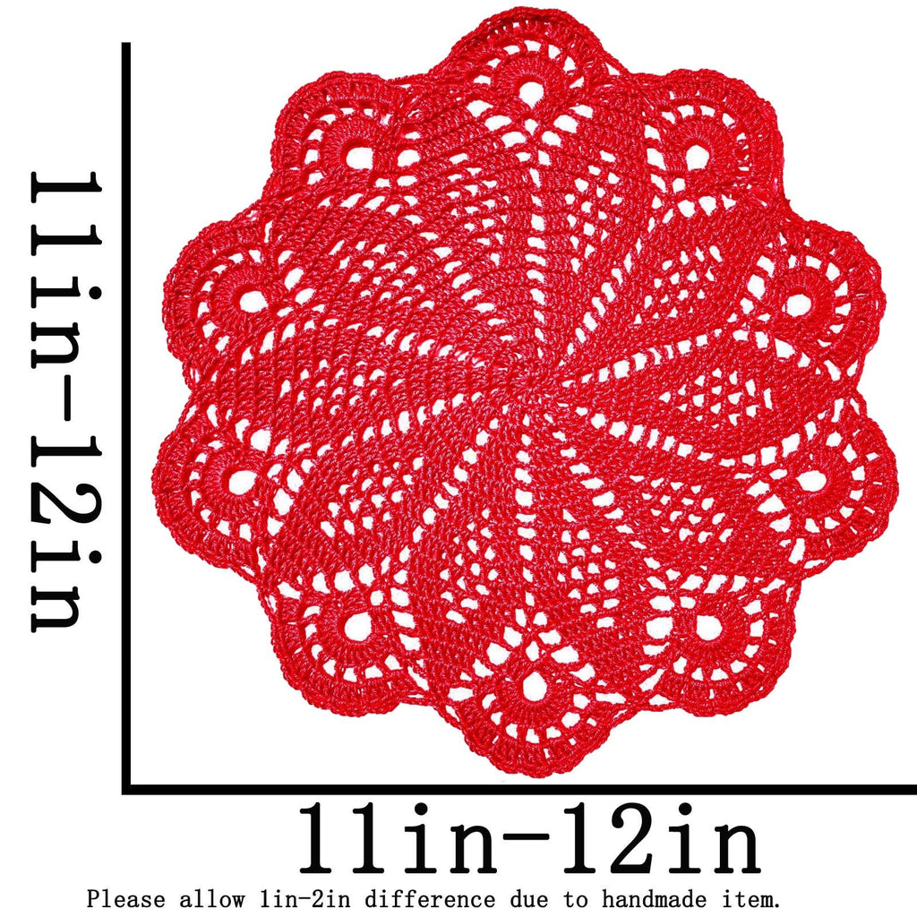 12 Inch Lace Flower Doily Handmade Crochet Placemats Wedding Tabletop Kitchen Place Mat Doilies (1PC, Red)