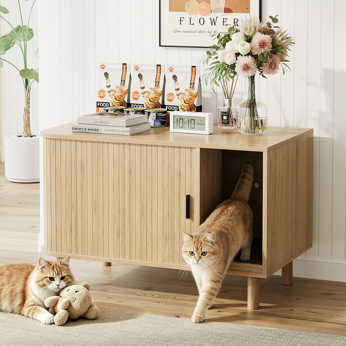 Cat Litter Box Enclosure with Sliding Door & Ventilation,Natural