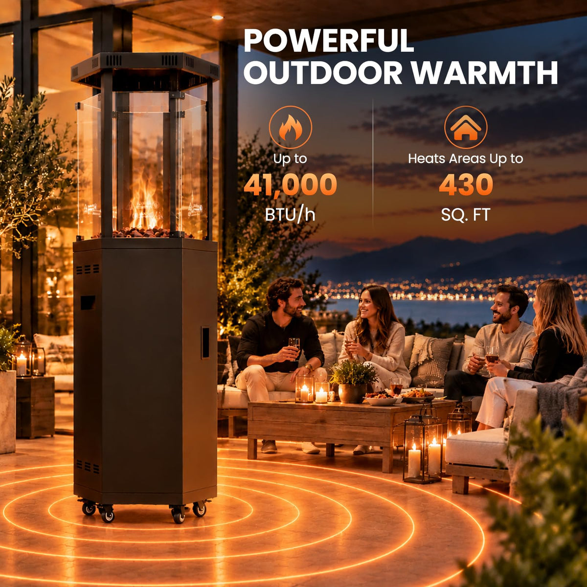 Outdoor Patio Heater, 41,000 BTU Propane Glass Flame Tower with Wheels
