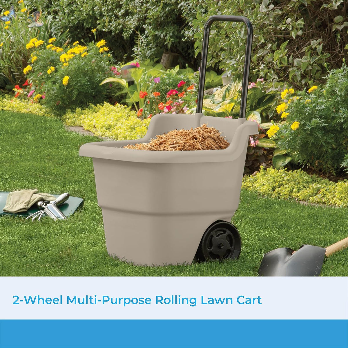Garden Cart on Wheels, Taupe 15.5-Gallon Resin Outdoor Utility Yard Cart for Seniors, Lightweight 2 Wheel Wheelbarrow