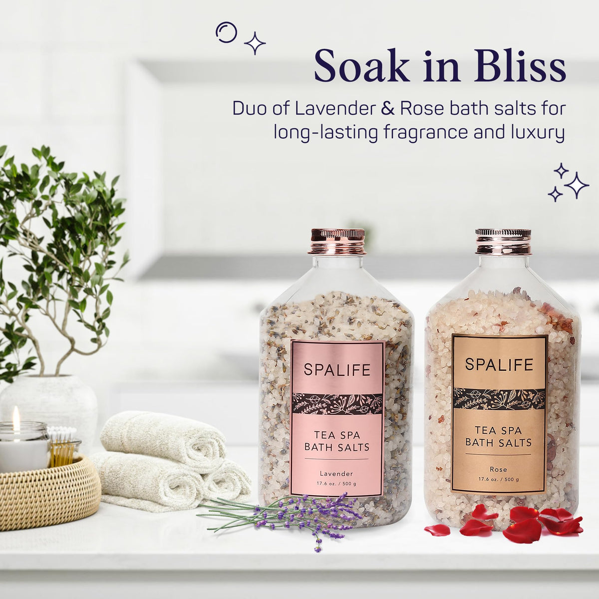 Effervescent Rose & Lavender Bath Salts for Women Relaxing | All Natural Aromatherapy Dead Sea Salt Bath Soak Duo |