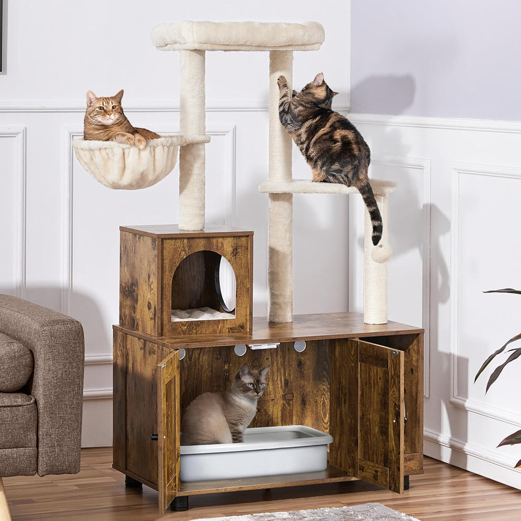 Litter Box Enclosure with Cat Tree, Rustic Brown/Beige