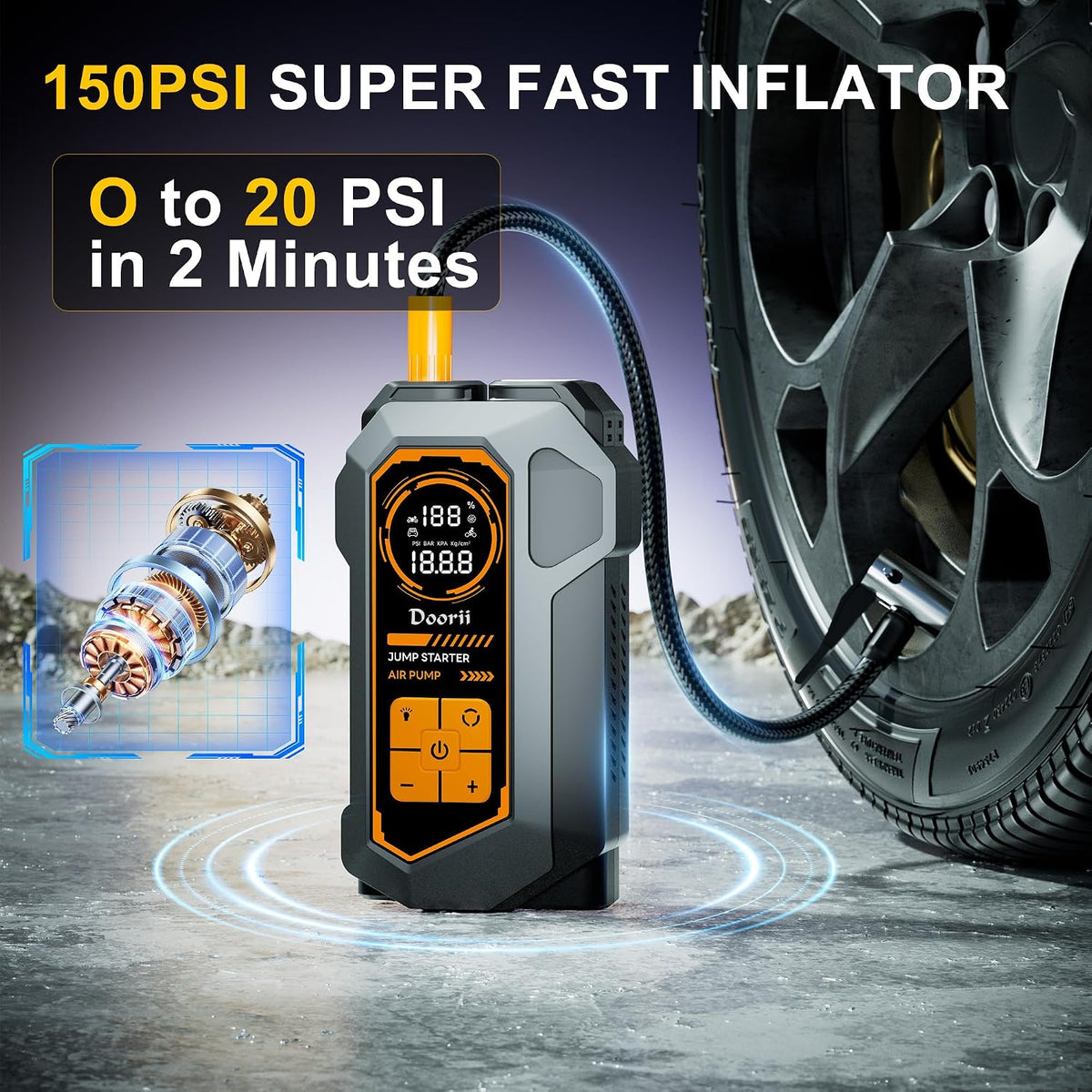 8000A Jump Starter with Air Compressor, Car Jumper Starter Portable, 150PSI Tire Inflator/Air Pump, LED Flashlight