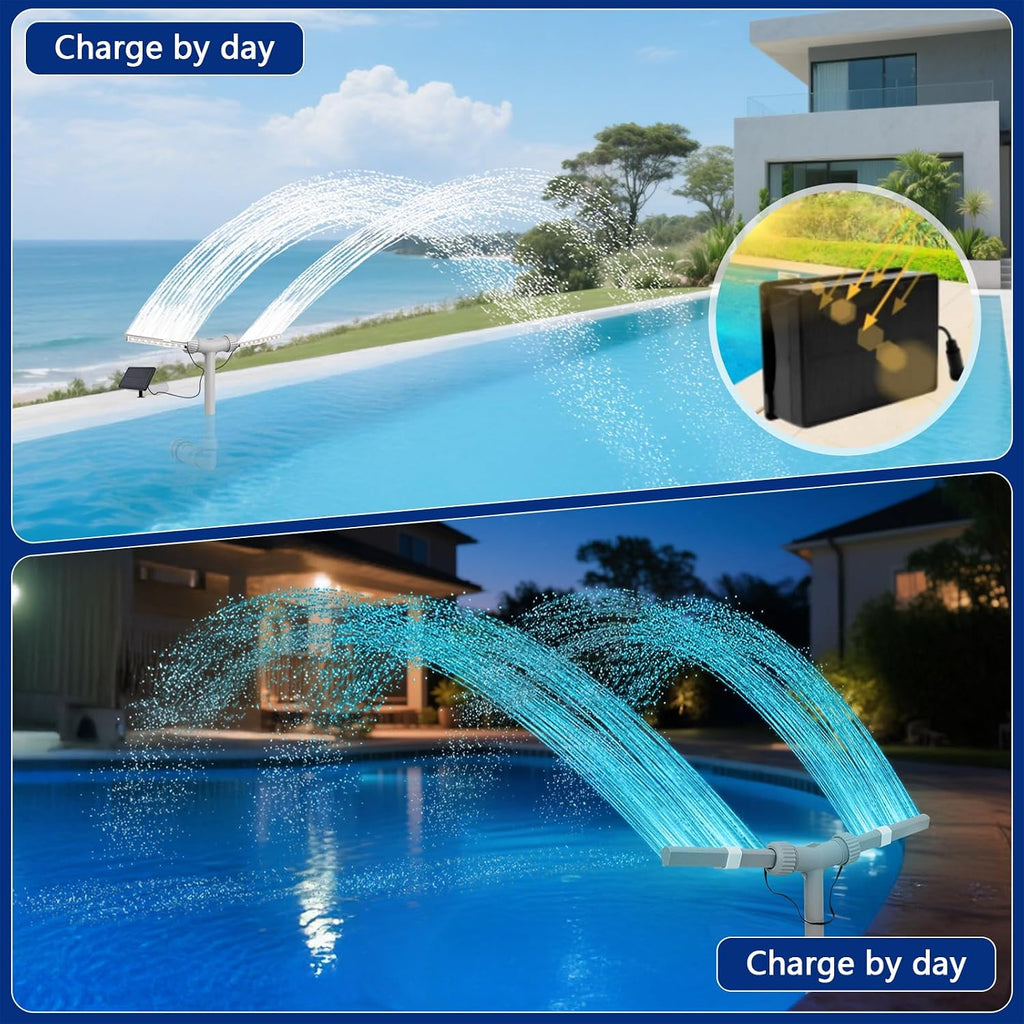Solar Pool Fountain with Lights - Dual Spray Water Fountains for Above Ground/Inground Pools, High-Pressure Waterfall