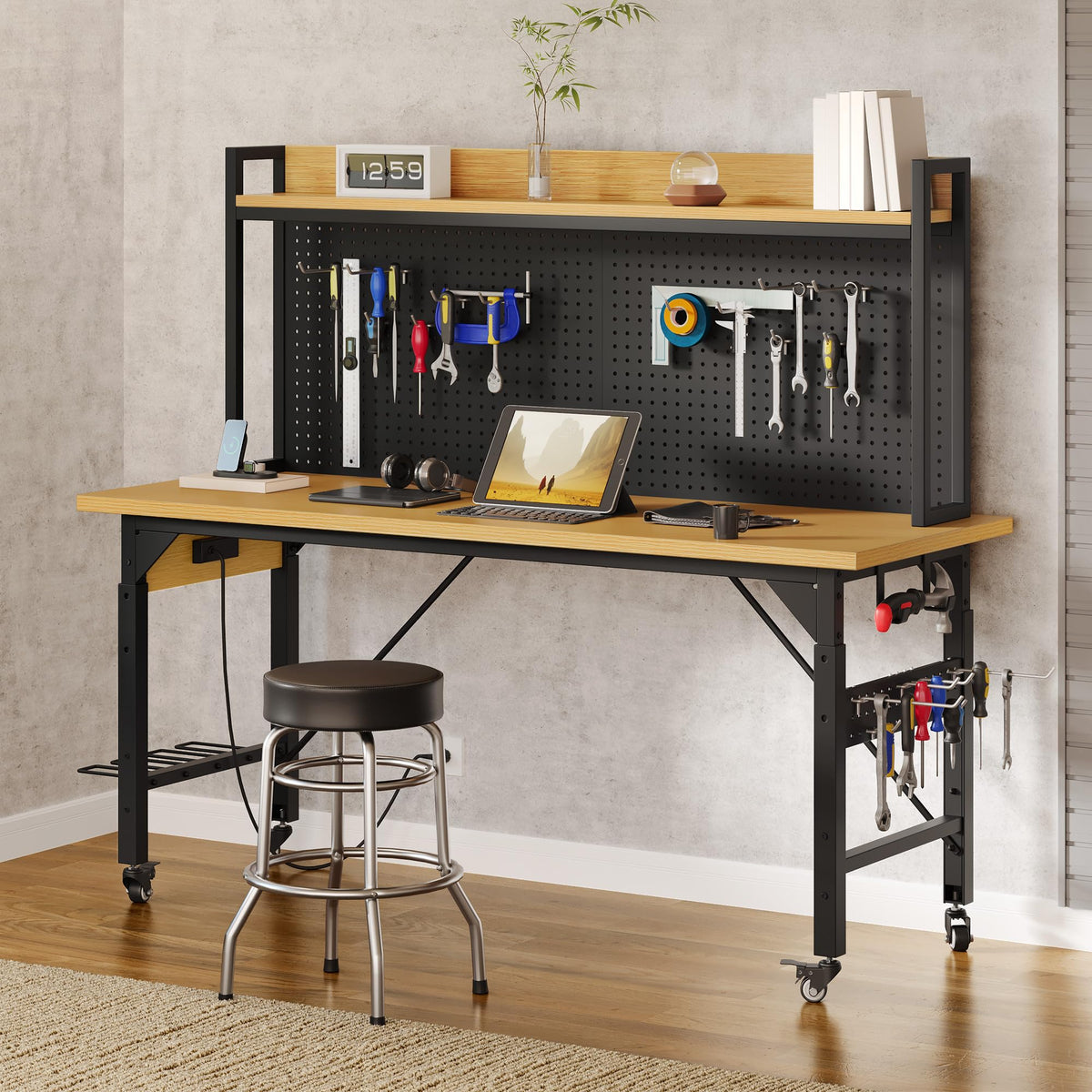 48in Adjustable Rolling Workbench Heavy Duty with Pegboard & Wheels
