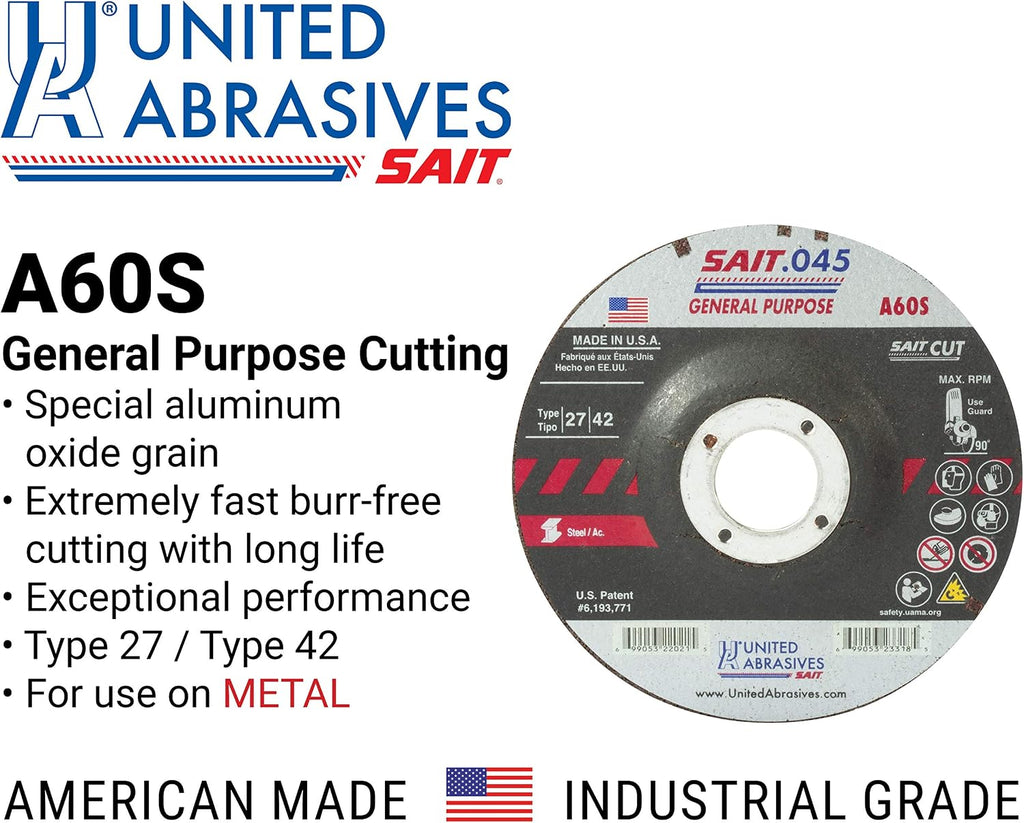 United Abrasives-SAIT 22047 A60S General Purpose Cut-Off Wheel (Type 27/Type 42 Depressed Center) 6" x .045" x 7/8", 50-Pack