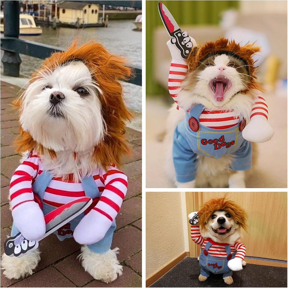 Dog Halloween Costume, Funny Chucky Dog Costume with Pet Wig