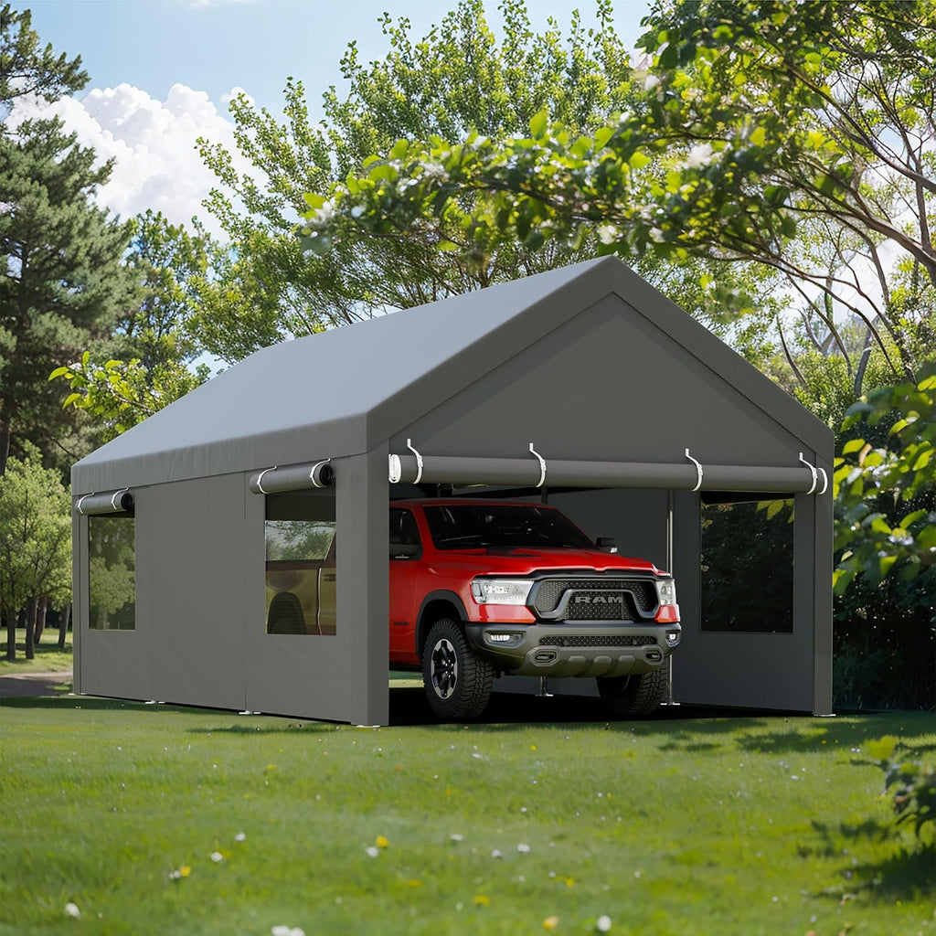JY QAQA Carport, 12x20 FT Heavy Duty Carport with Removable Side Walls and Doors, Portable Garage with Roll-Up Window