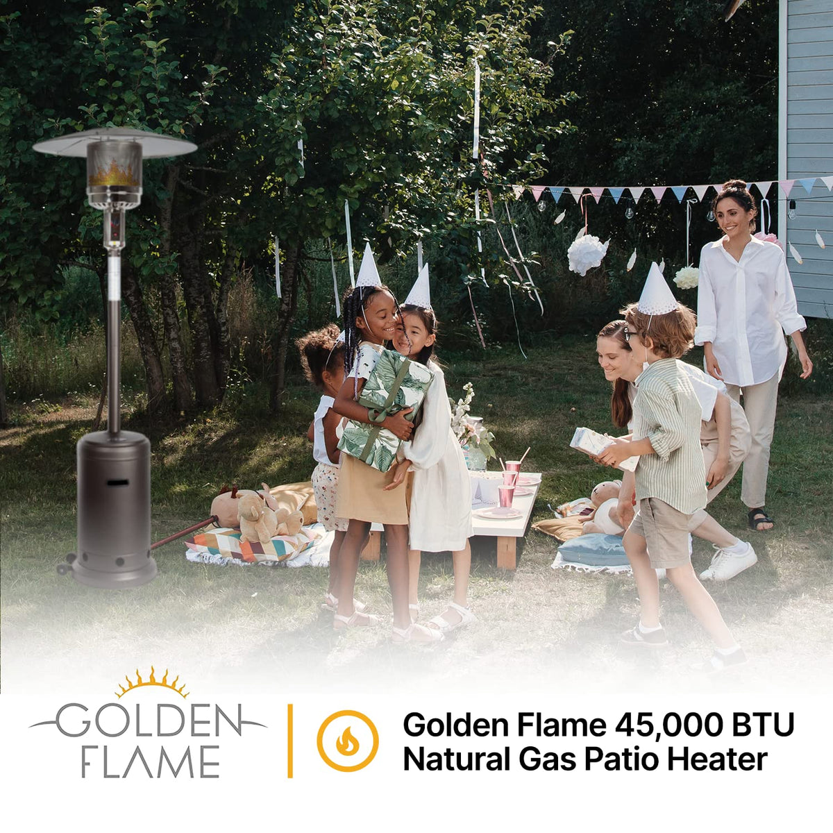 XL-Series Natural Gas Patio Heater, 45,000 BTU, 89" Tall, Push-Button Ignition, Anti-Tilt Safety, Wheels, Hammered