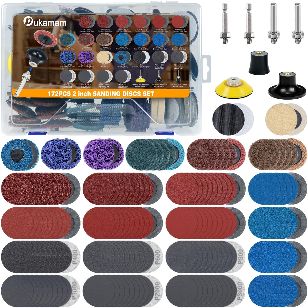 172 PCS 2" Quick Change Sanding Discs Kit with 1/4" Round & Hex Shank