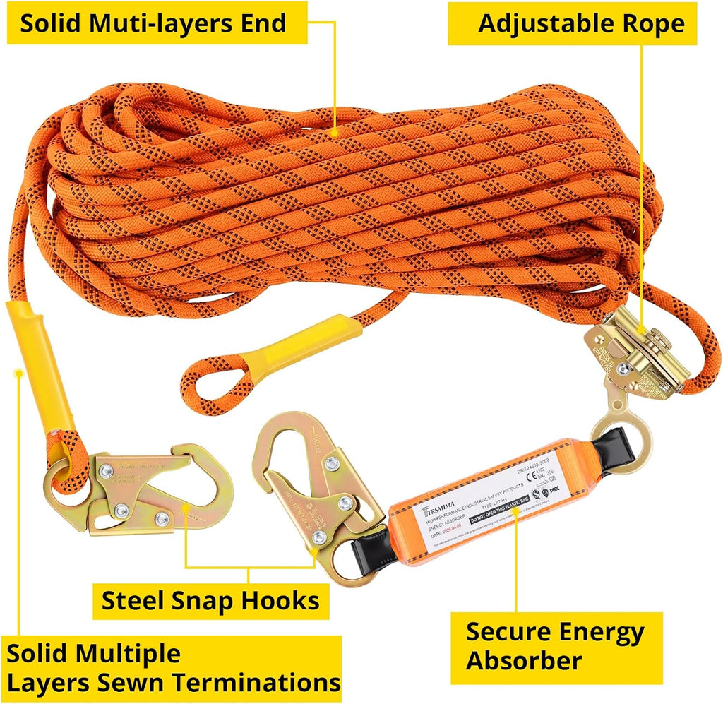 TRSMIMA Roofing Fall Protection Rope - 50ft Safety Rope for Roofing | Fall Protection Rope Heavy Duty Harness Safety