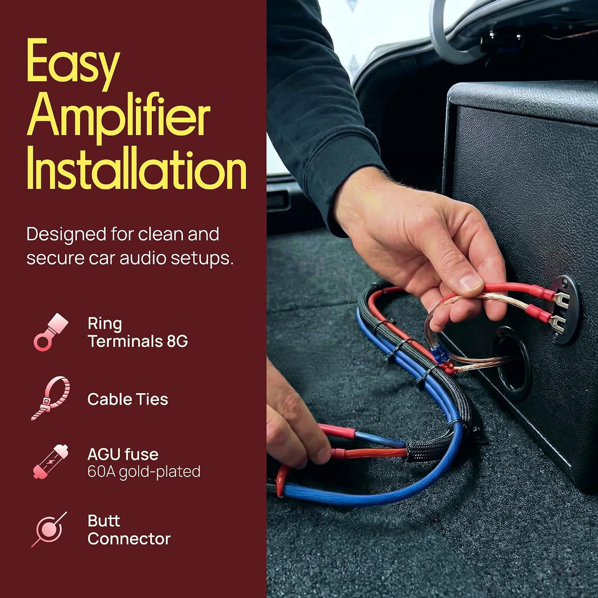8 Gauge Car Audio Wiring Kit – 20ft Power Wire – Up to 1000W Amplifier Hookup for Battery, Stereo Head Unit &