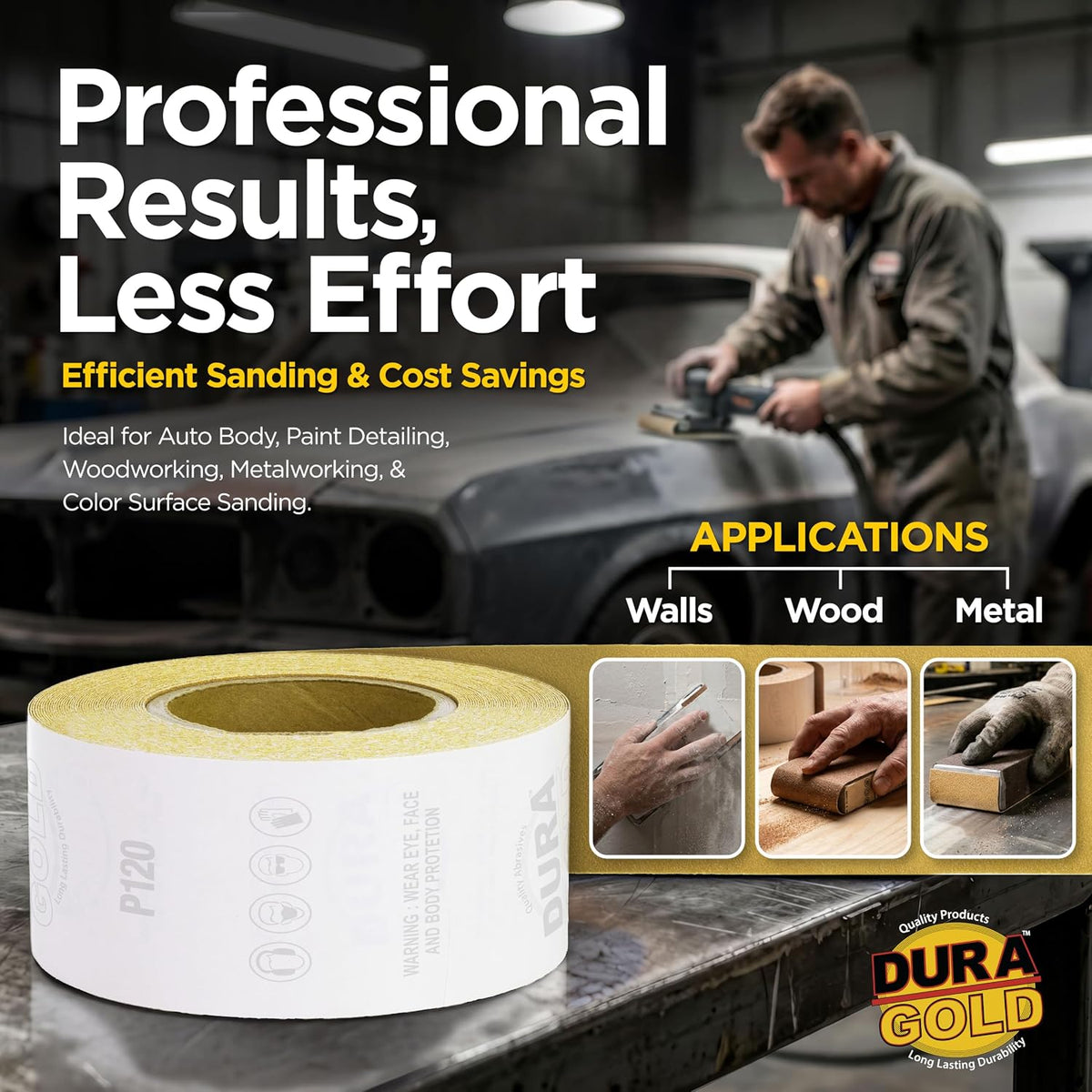 Dura-Gold Gold PSA Longboard Sandpaper, 120 Grit, 20 Yard Roll, 2-3/4" Wide