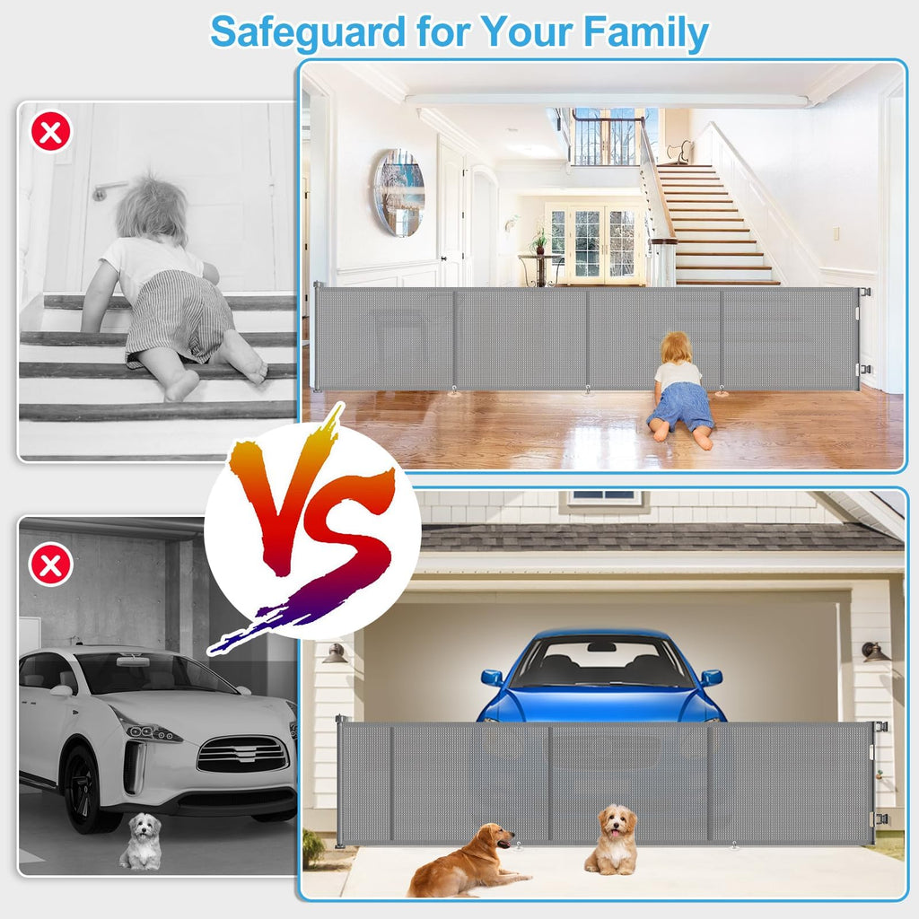 180" x 41" Extra-Wide Retractable Indoor Mesh Pet & Child Safety Gate with One-Hand Safety Lock for Wide Openings, Patios & Stairways