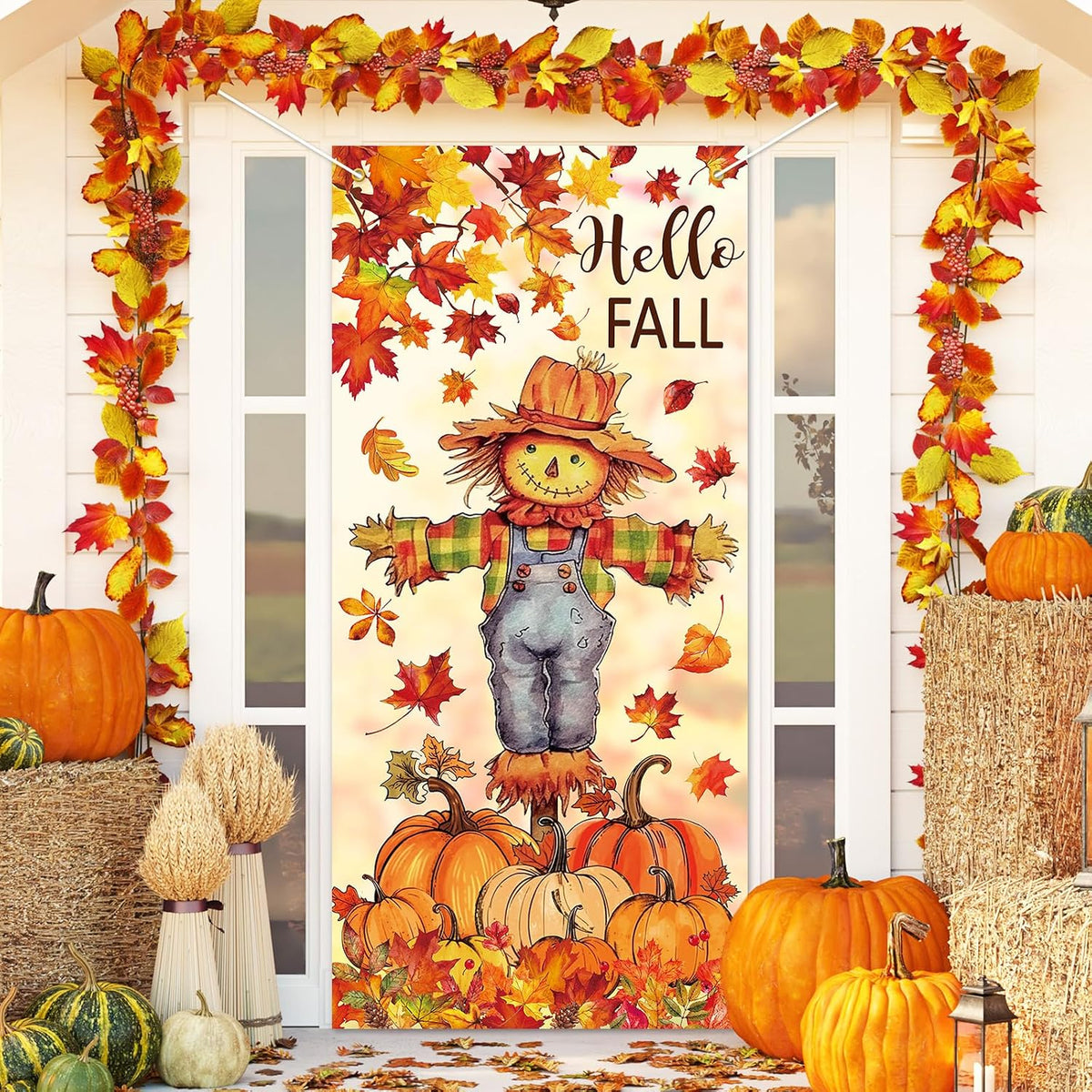 Fall Door Banner Cover Scarecrow Pumpkin Leaves Hanging Banner Autumn Harvest Fabric Photo Background for